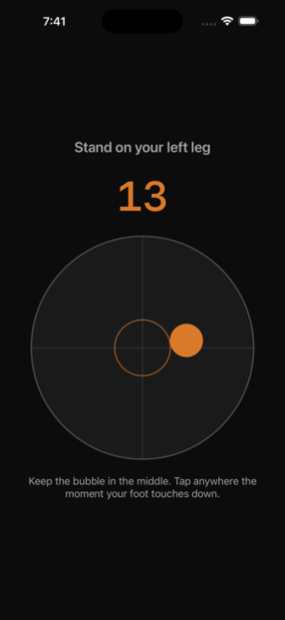 The balance check running: a circular level with a bubble sitting off to the right of centre, a 13-second counter above it, and the instruction to keep the bubble in the middle and tap when your foot touches down.