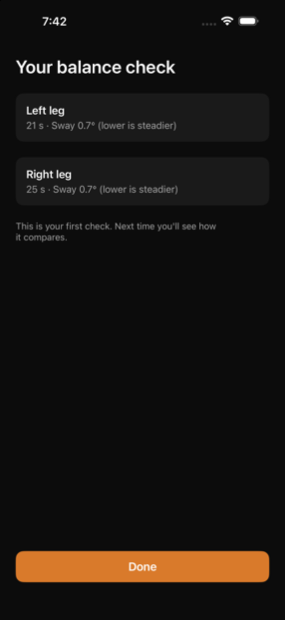 The result screen showing left leg at 21 seconds with 0.7 degrees of sway, right leg at 25 seconds with 0.7 degrees of sway, and a note saying this is your first check.